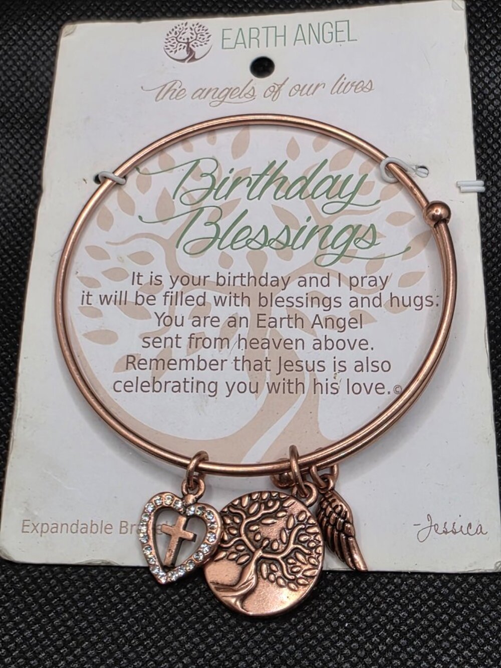 Earth Angel Birthday Blessings Expandable Rose Gold Tone Charm Bracelet with Cro